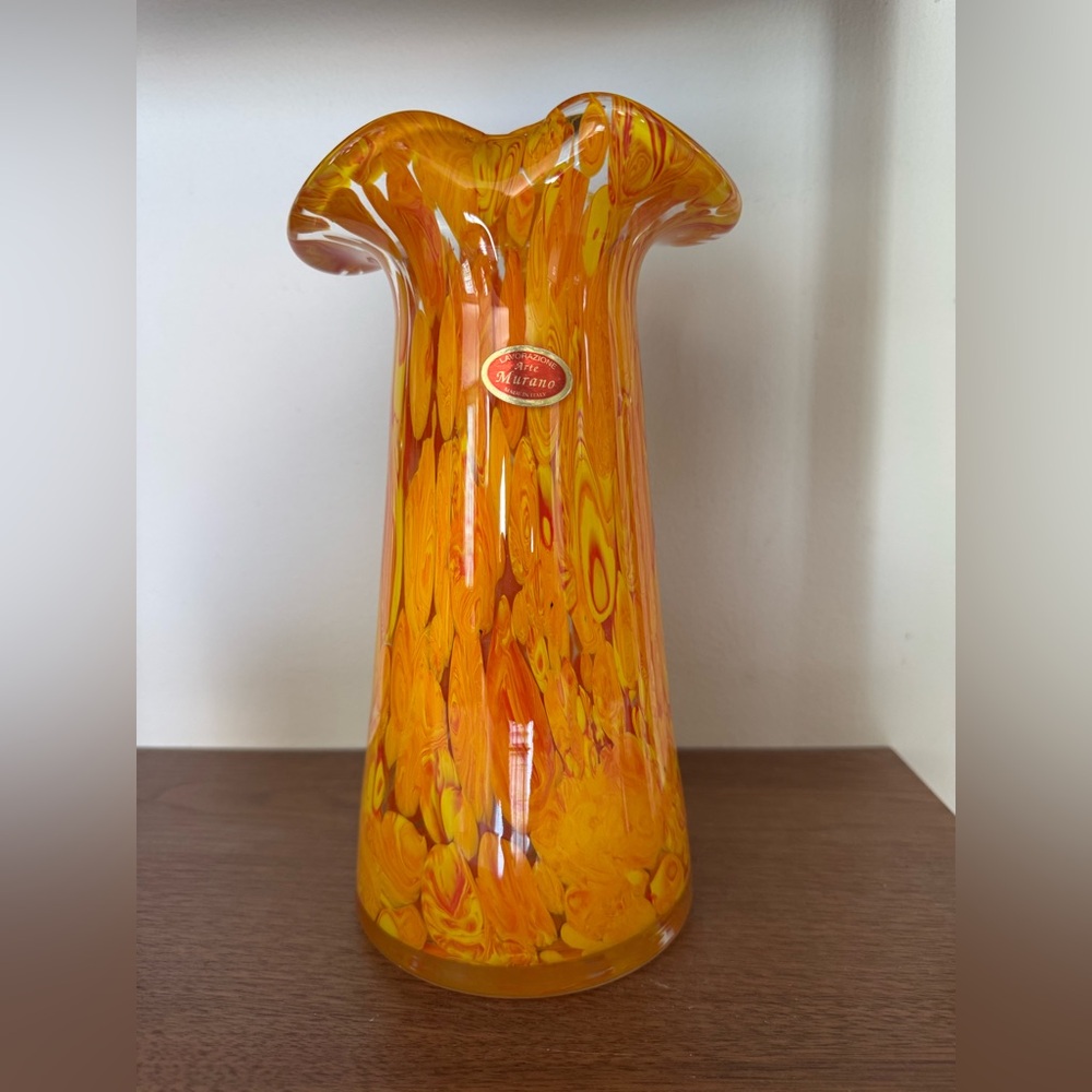 Murano Orange and Yellow Ruffled-Top Glass Vase
